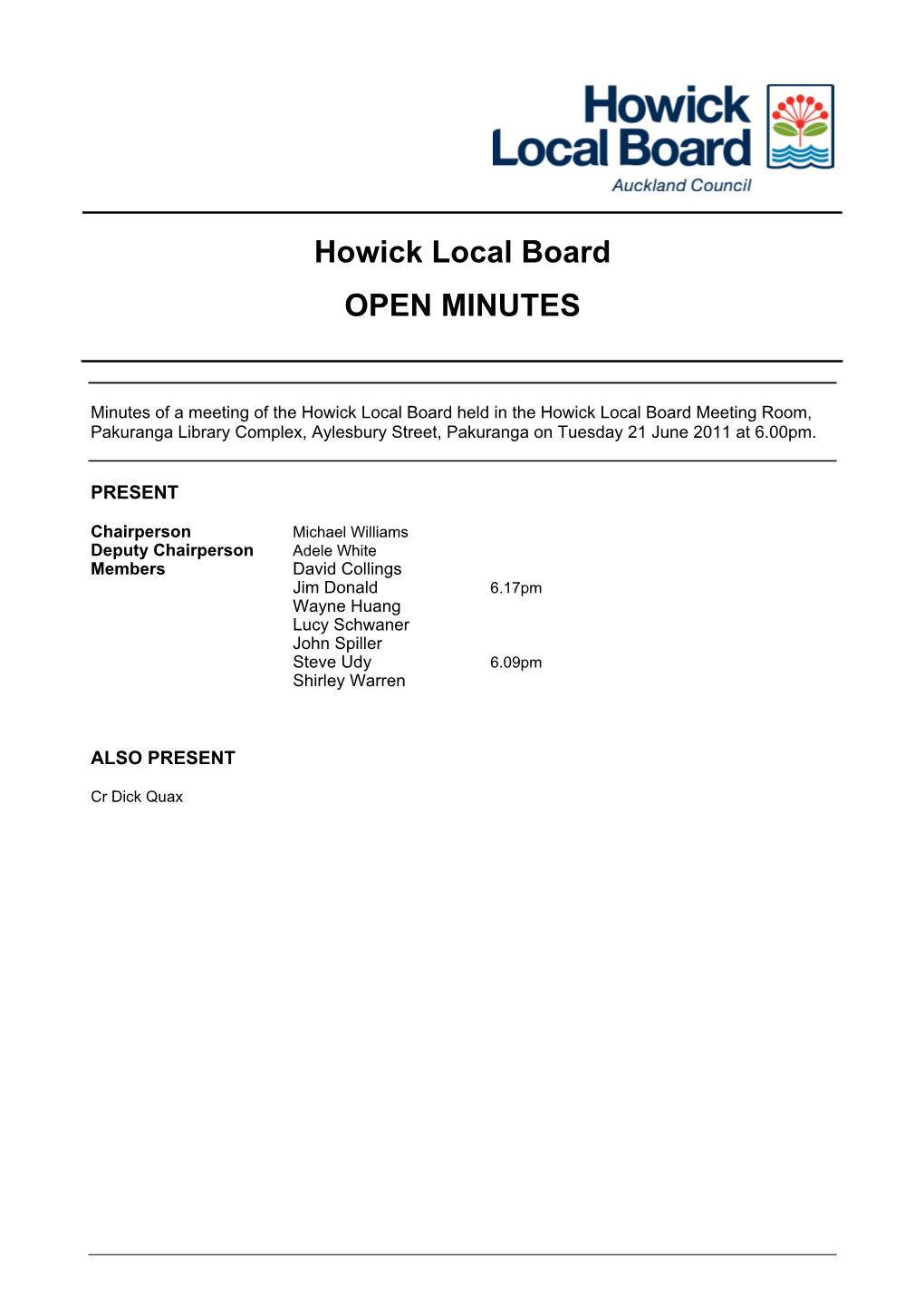 Howick Local Board Minutes