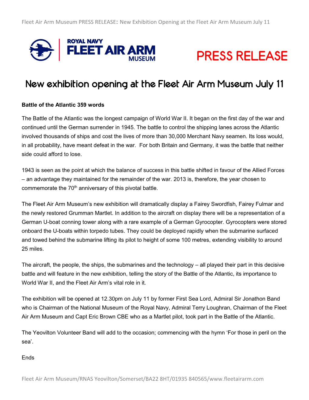 PRESS RELEASE: New Exhibition Opening at the Fleet Air Arm Museum July 11