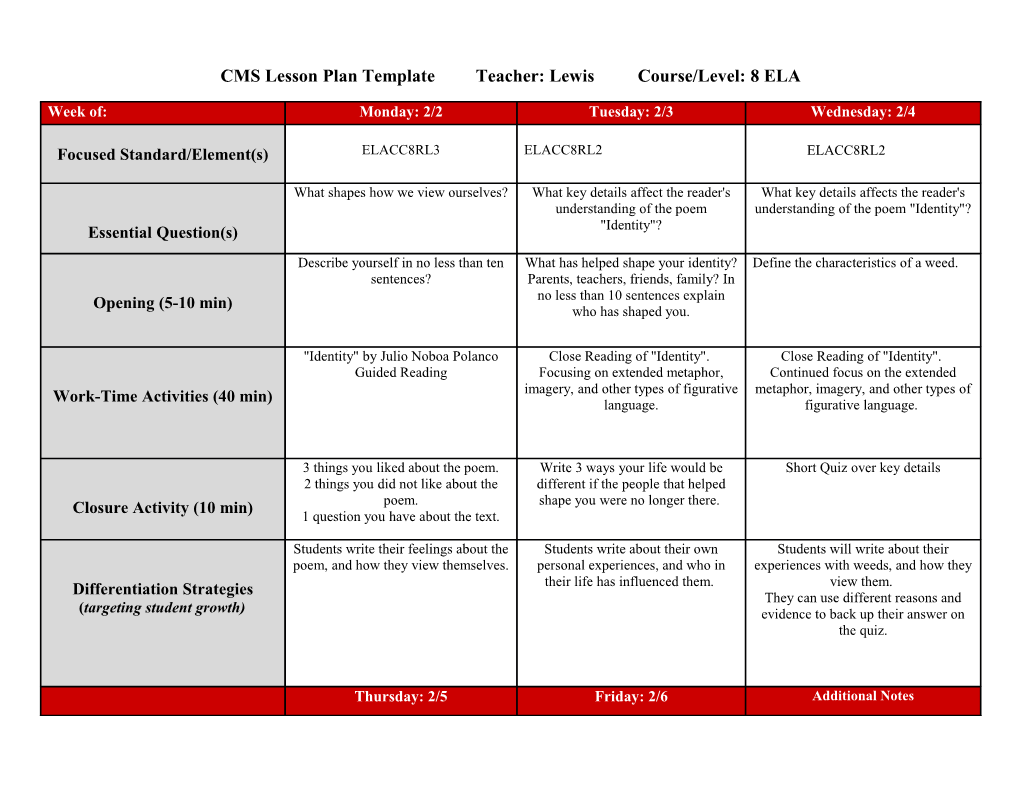 CMS Lesson Plan Template Teacher: Lewis Course/Level: 8 ELA