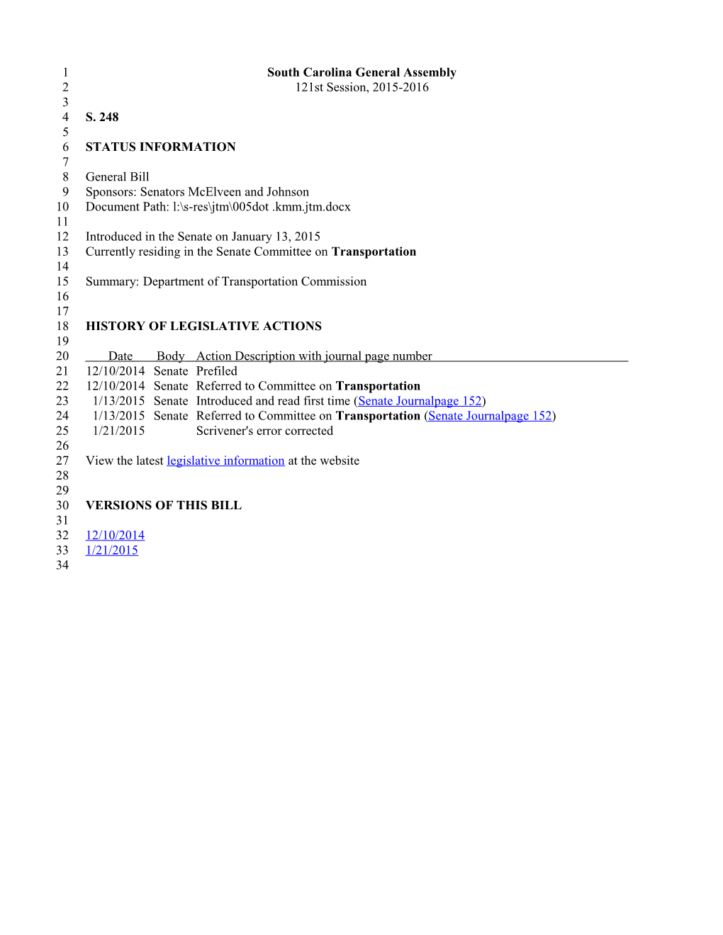 2015-2016 Bill 248: Department Of Transportation Commission - South Carolina Legislature Online