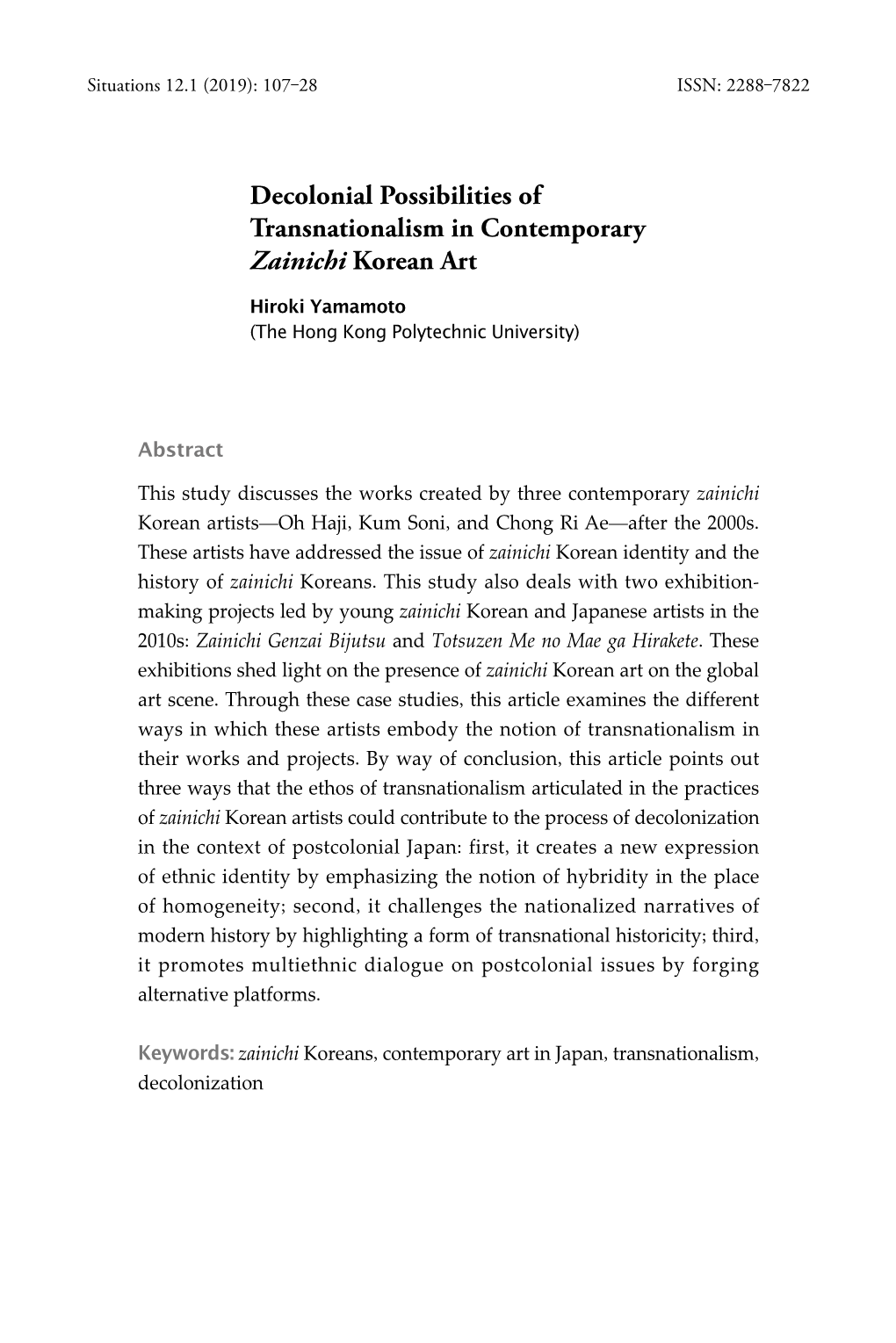 Decolonial Possibilities of Transnationalism in Contemporary Zainichi Korean Art