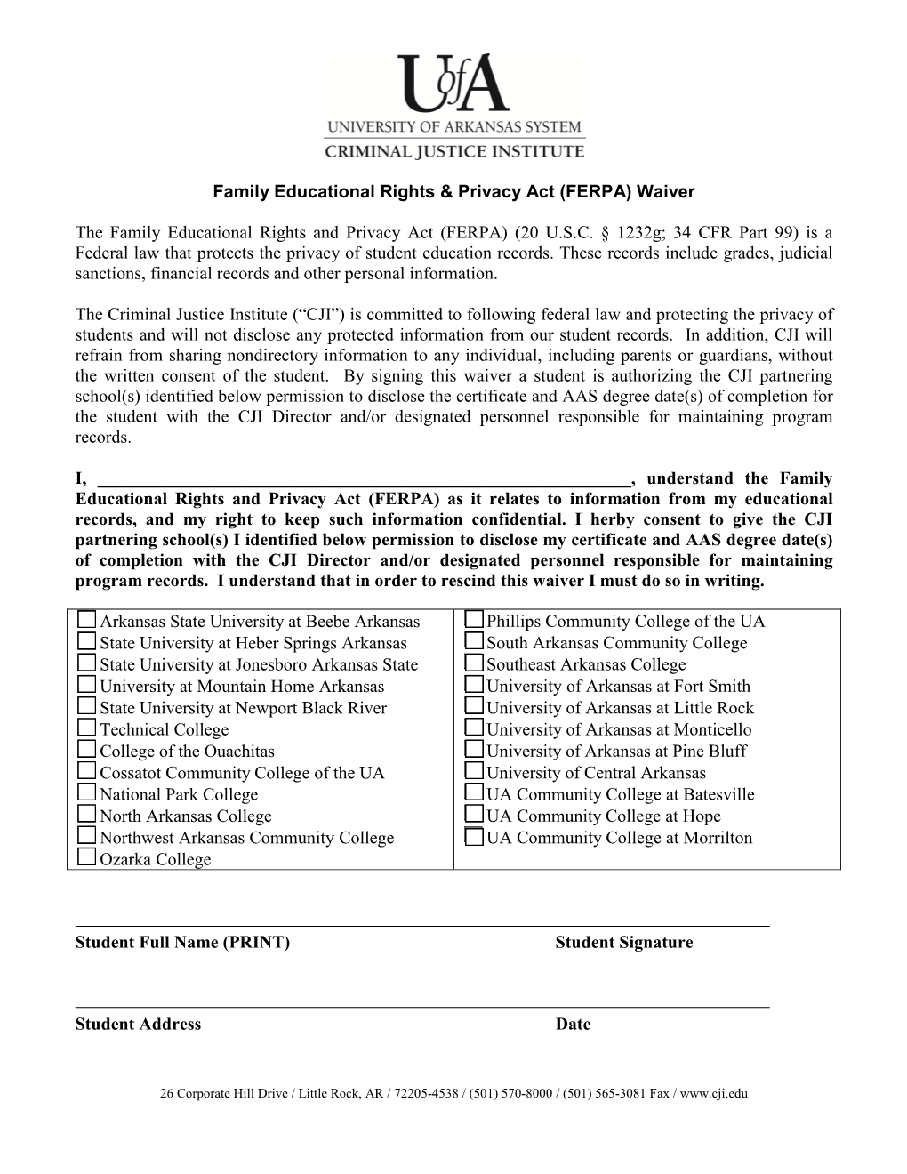 “Family Educational Rights Privacy Act (FERPA)” Form