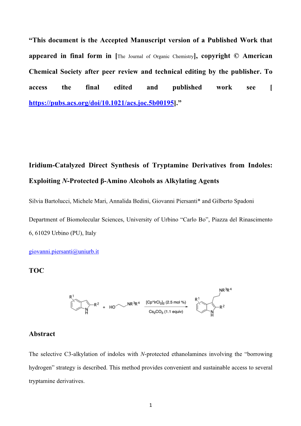 “This Document Is the Accepted Manuscript Version of a Published Work That Appeared in Final Form in [The Journal of Organic Chemistry], Copyright © American