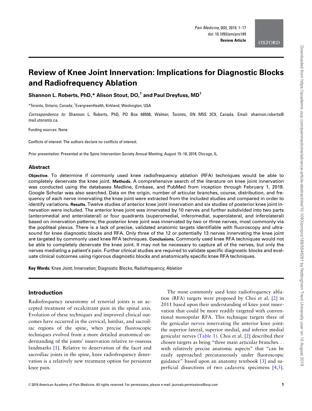 Review of Knee Joint Innervation: Implications for Diagnostic Blocks and Radiofrequency Ablation