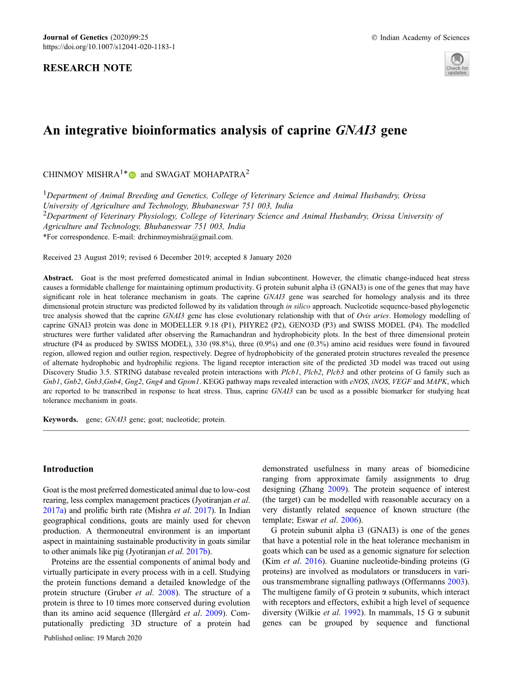 An Integrative Bioinformatics Analysis of Caprine GNAI3 Gene