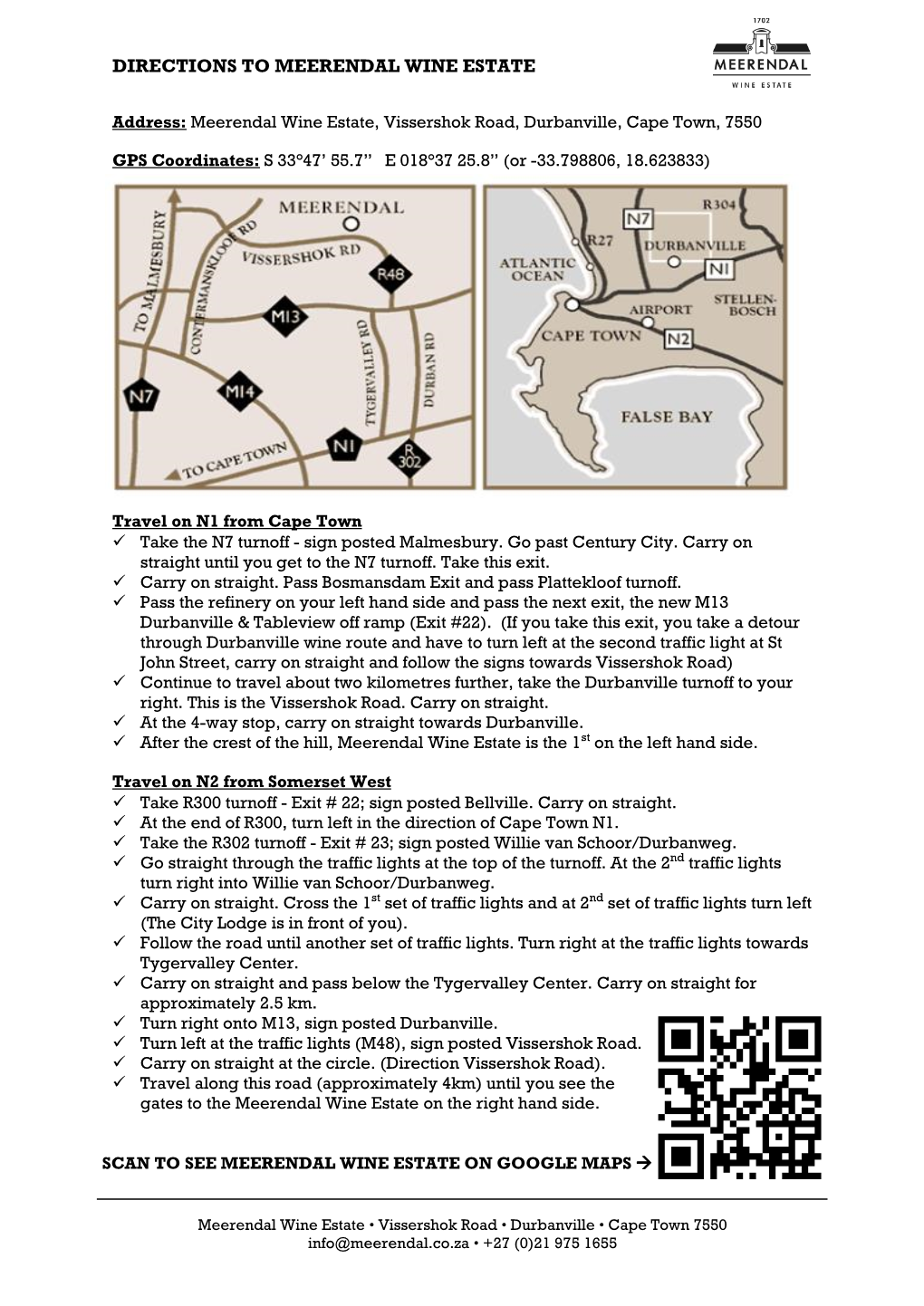 Directions to Meerendal Wine Estate