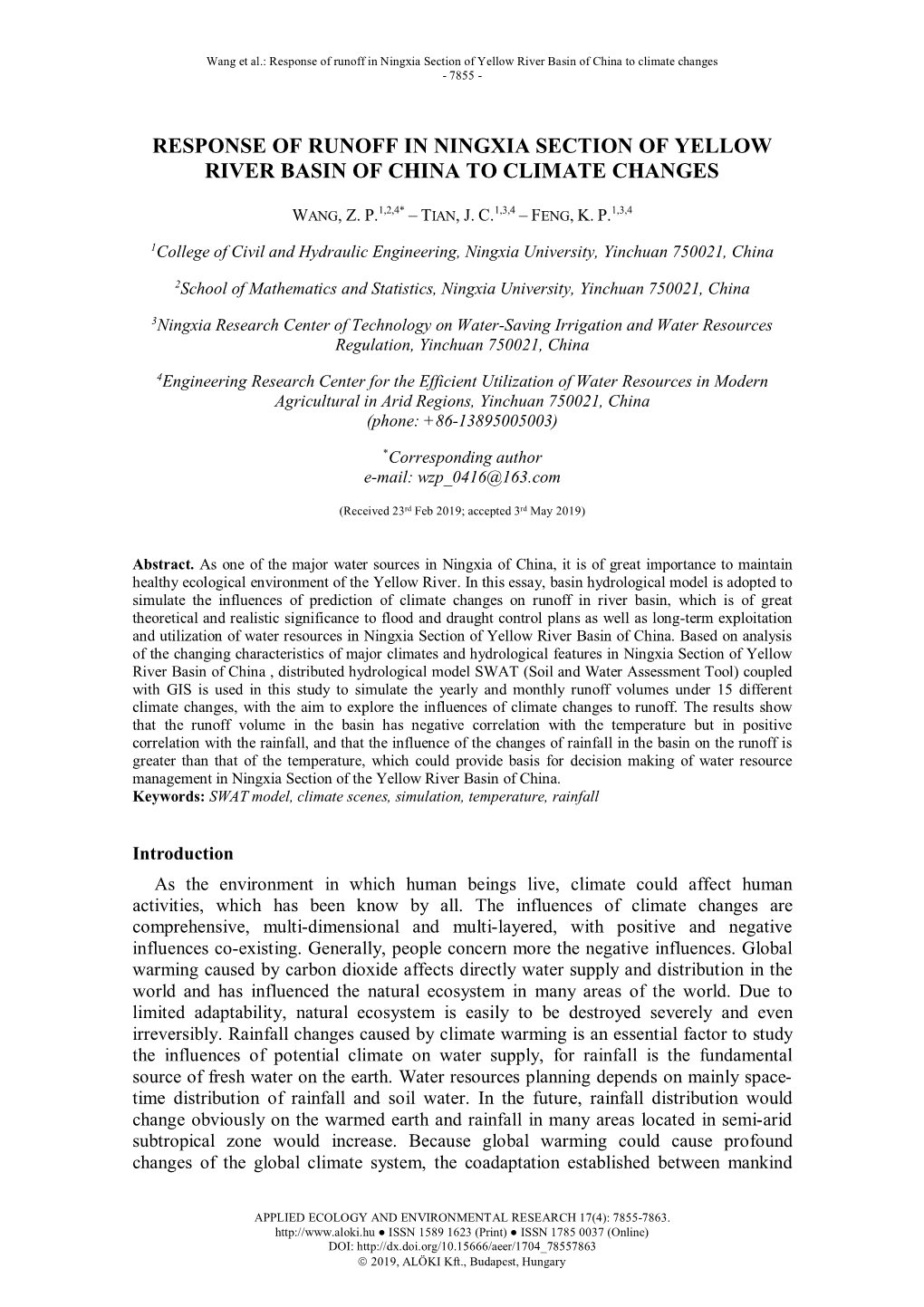 Response of Runoff in Ningxia Section of Yellow River Basin of China to Climate Changes - 7855