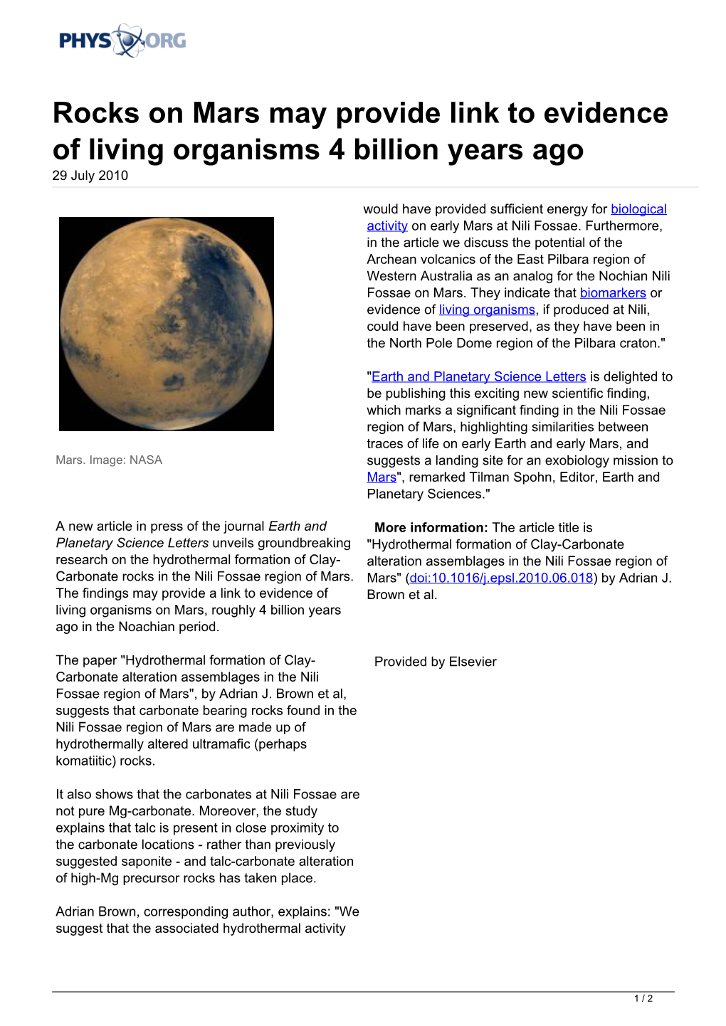 Rocks on Mars May Provide Link to Evidence of Living Organisms 4 Billion Years Ago 29 July 2010