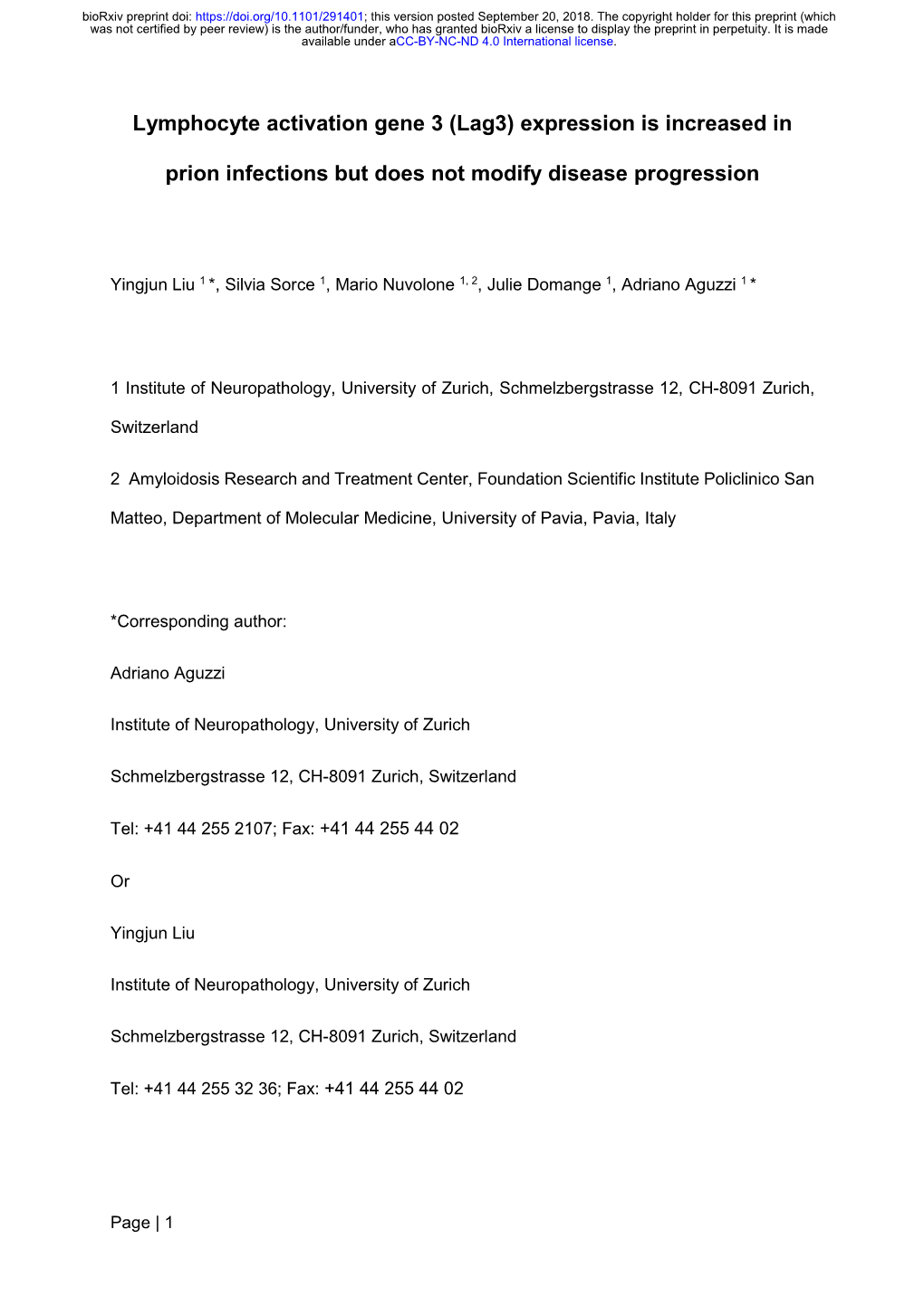 Lymphocyte Activation Gene 3 (Lag3) Expression Is Increased in Prion