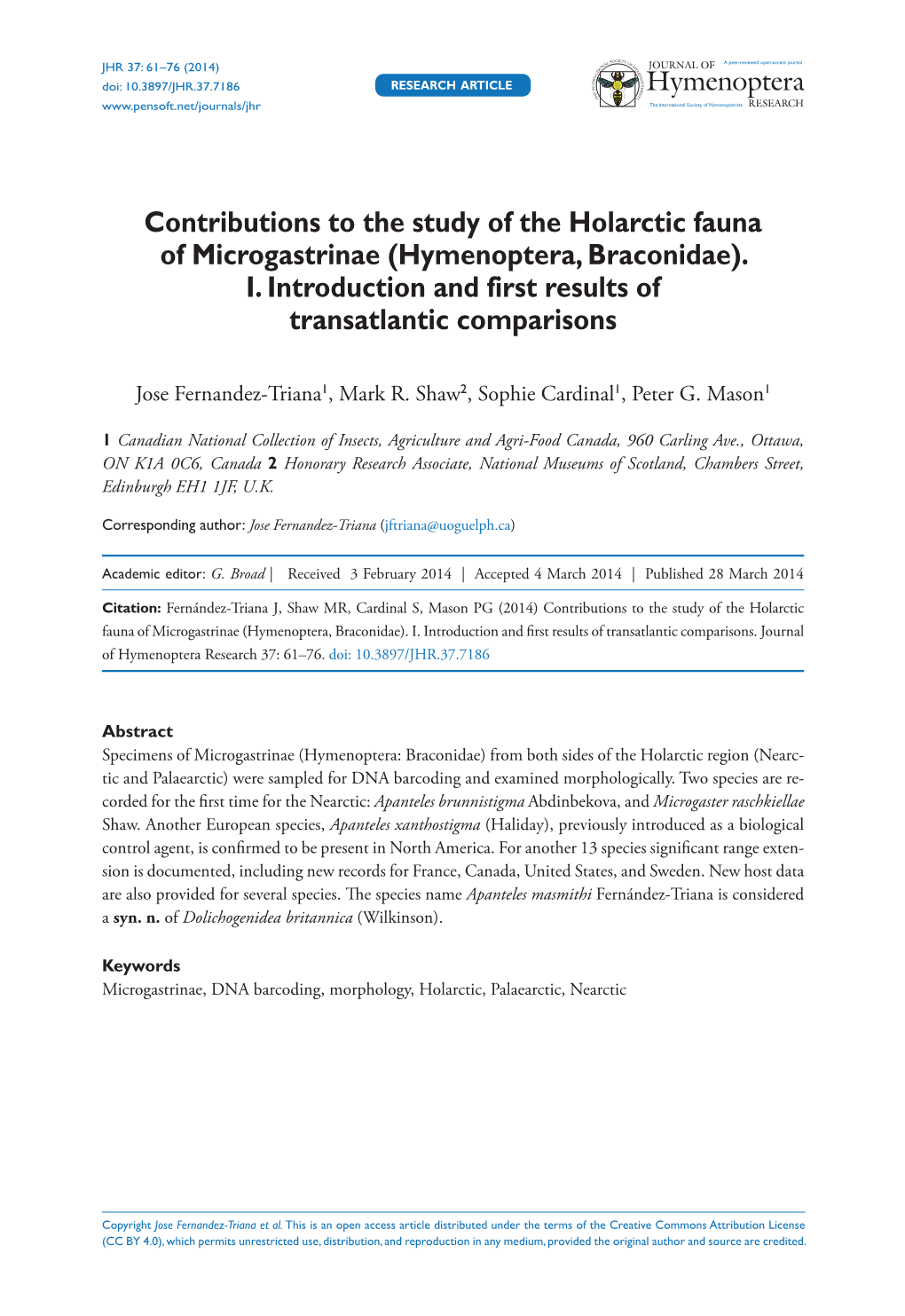 Contributions to the Study of the Holarctic Fauna of Microgastrinae