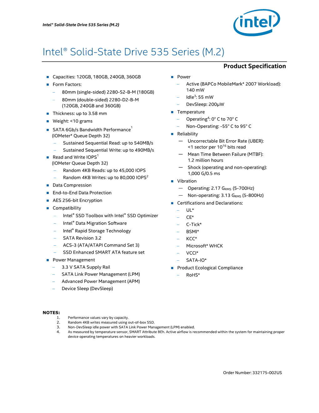 Intel® Solid-State Drive 535 Series (M.2) Product Specification