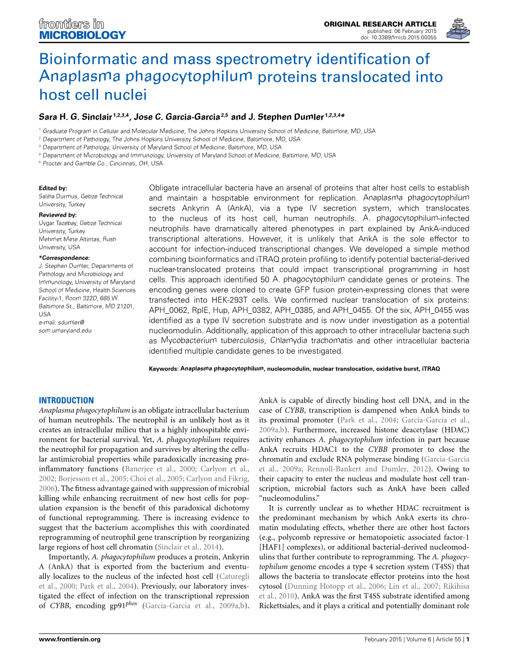 Bioinformatic and Mass Spectrometry Identification of Anaplasma