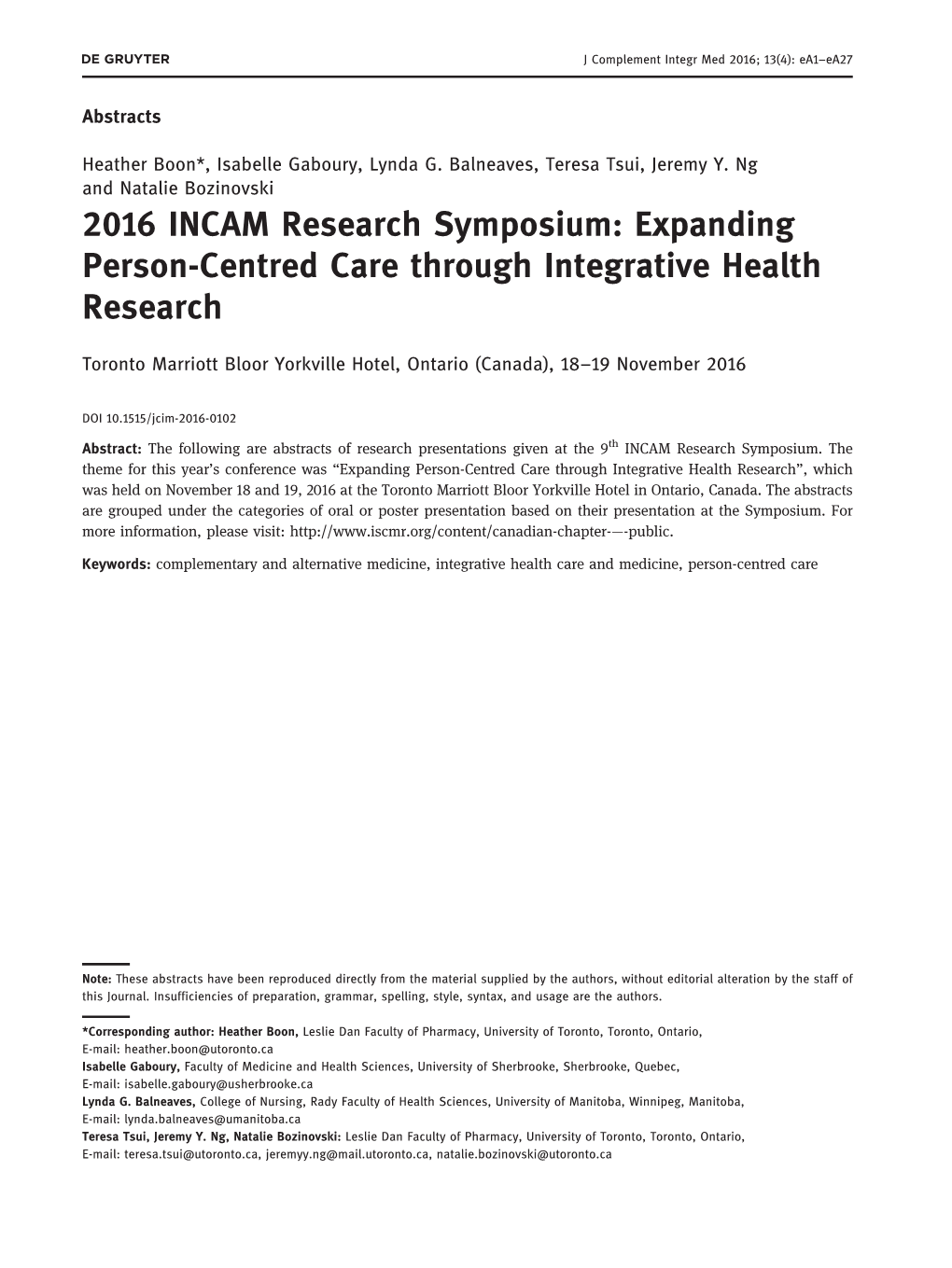 2016 INCAM Research Symposium: Expanding Person-Centred Care Through Integrative Health Research