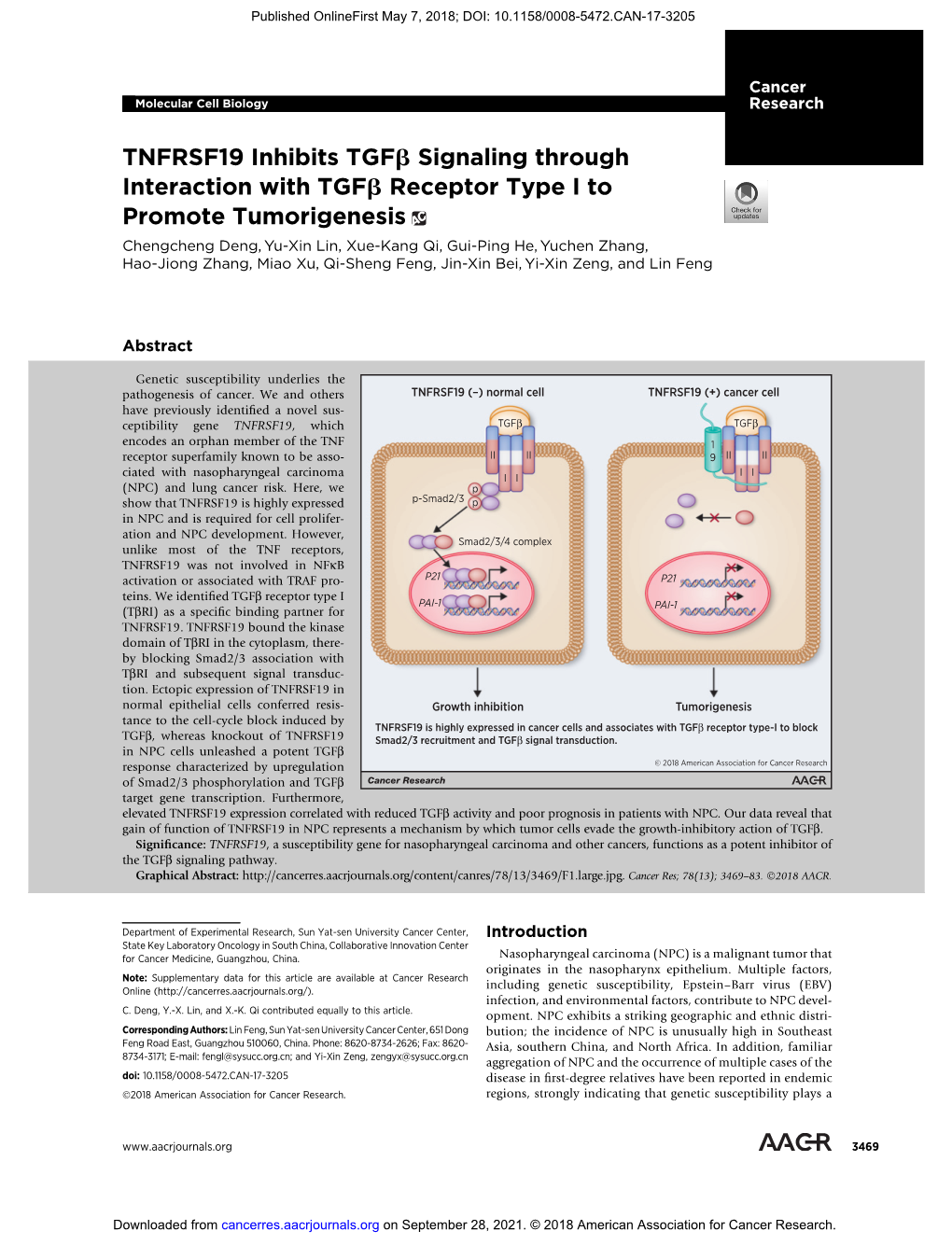 TNFRSF19 Inhibits Tgfb Signaling Through Interaction with Tgfb