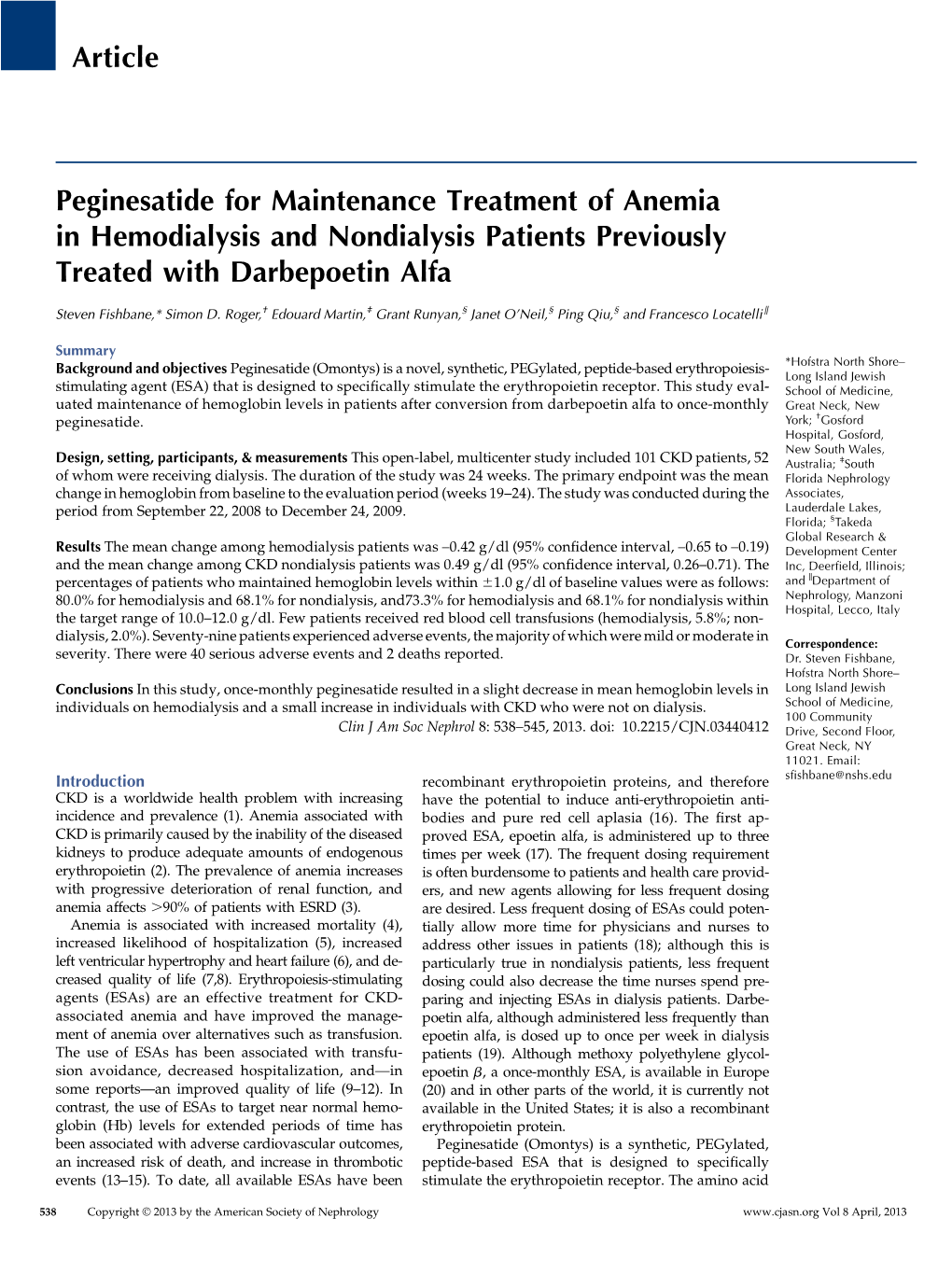 Article Peginesatide for Maintenance Treatment of Anemia In