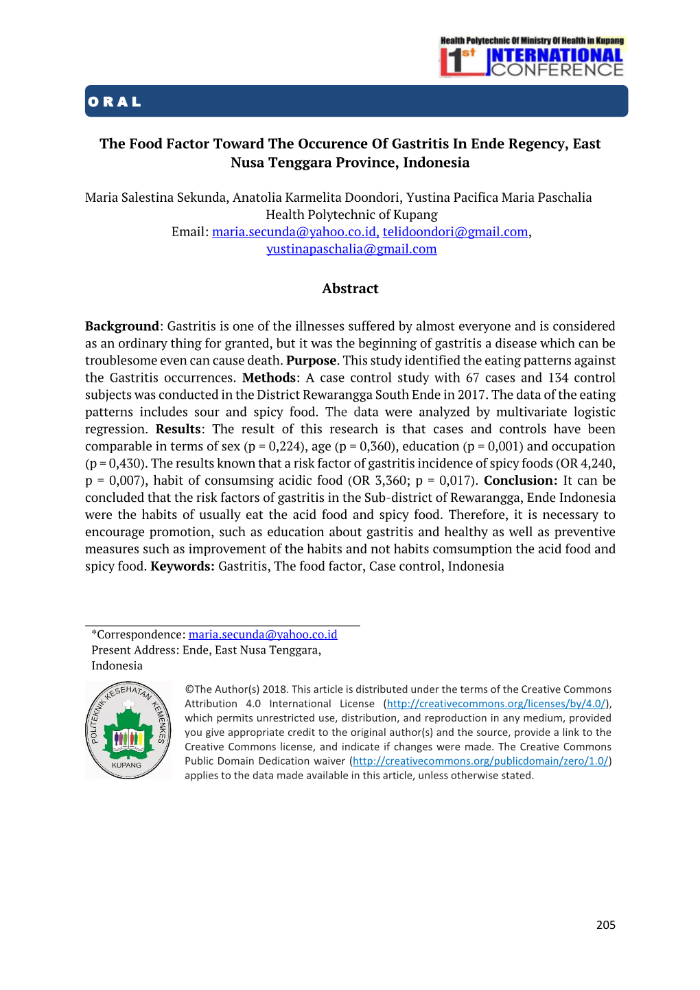 The Food Factor Toward the Occurence of Gastritis in Ende Regency, East Nusa Tenggara Province, Indonesia