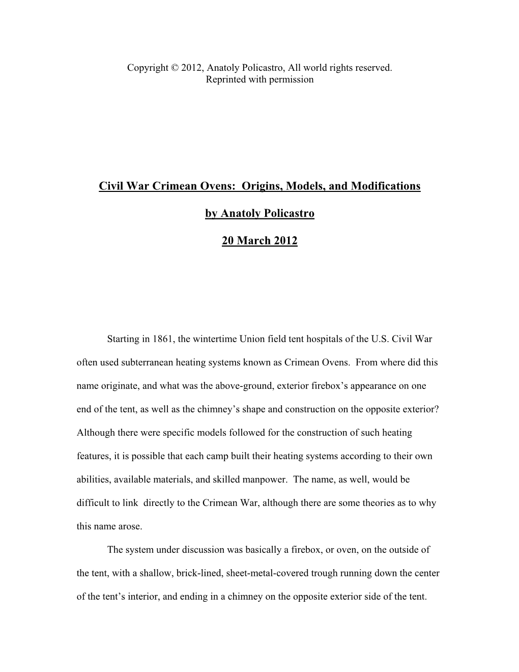 Civil War Crimean Ovens: Origins, Models, and Modifications