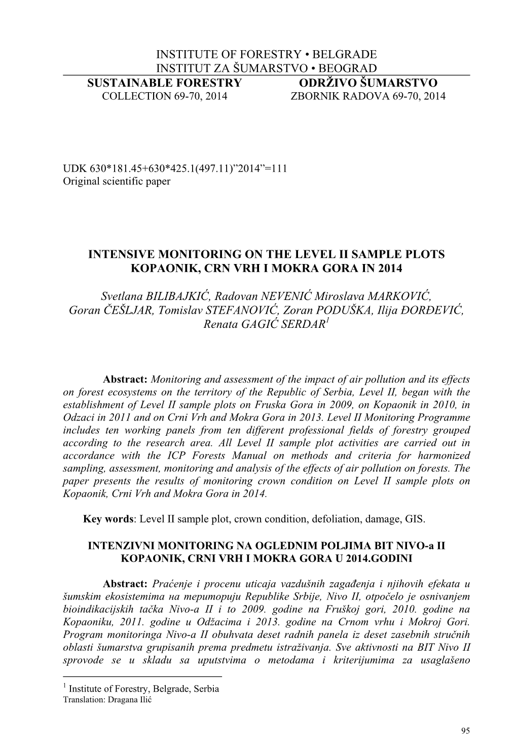 Institute of Forestry • Belgrade Institut Za Šumarstvo • Beograd Sustainable Forestry Održivo Šumarstvo Collection 69-70, 2014 Zbornik Radova 69-70, 2014