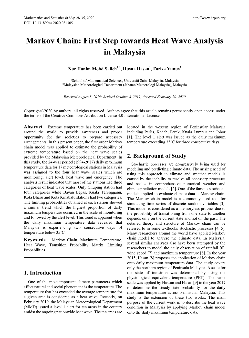 Markov Chain: First Step Towards Heat Wave Analysis in Malaysia