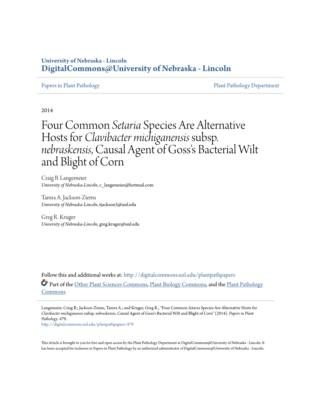 Four Common Setaria Species Are Alternative Hosts for Clavibacter Michiganensis Subsp