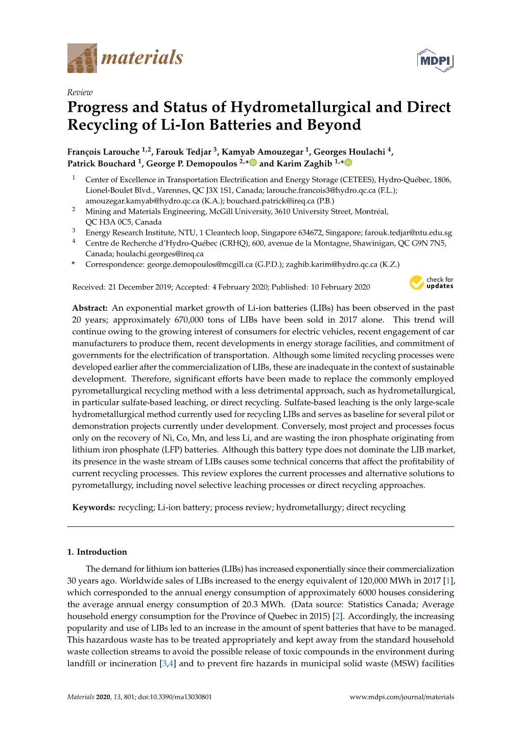 Progress and Status of Hydrometallurgical and Direct Recycling of Li-Ion Batteries and Beyond