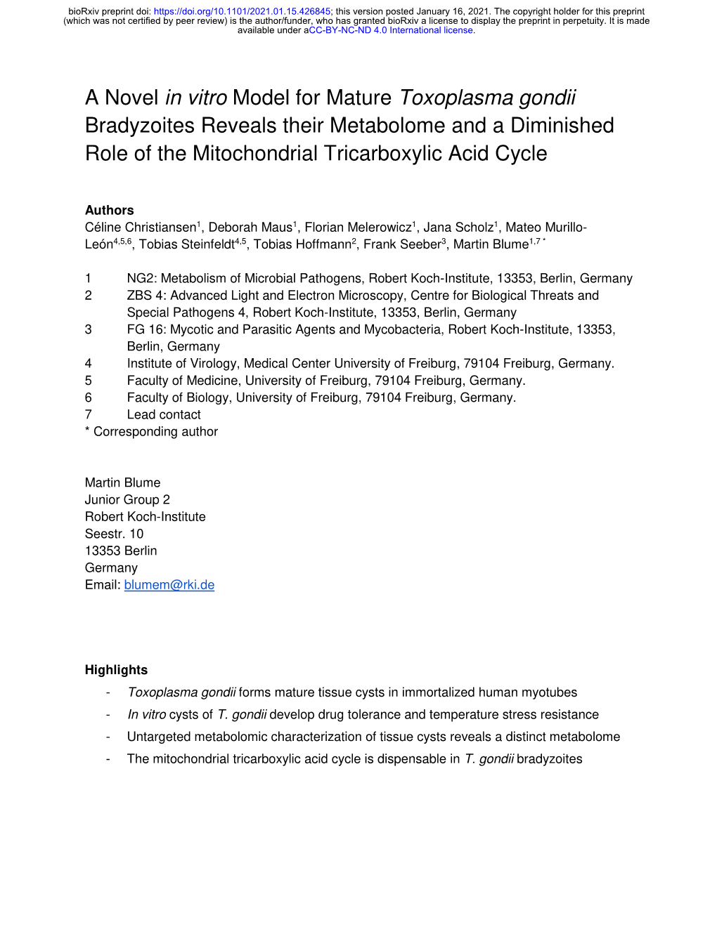 Toxoplasma Gondii Bradyzoites Reveals Their Metabolome and a Diminished Role of the Mitochondrial Tricarboxylic Acid Cycle