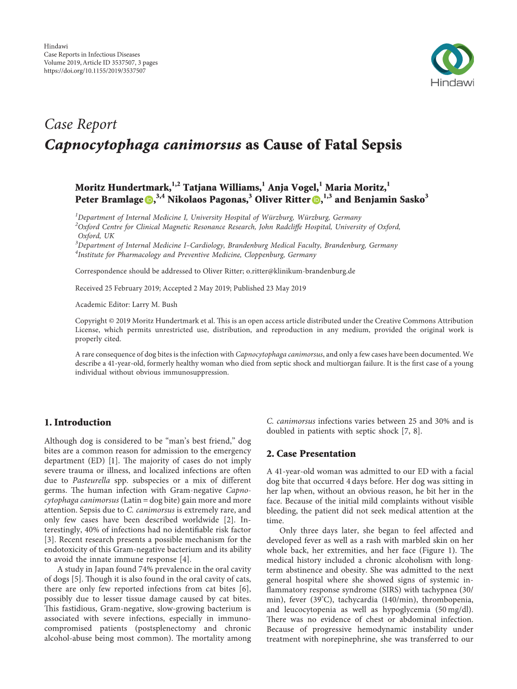 Case Report Capnocytophaga Canimorsus As Cause of Fatal Sepsis