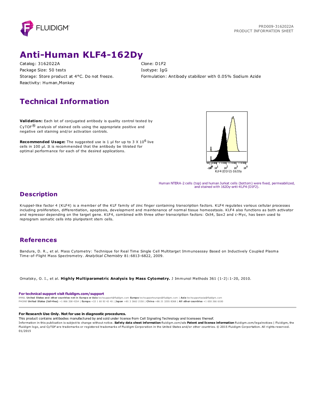 Anti-Human KLF4-162Dy Catalog: 3162022A Clone: D1F2 Package Size: 50 Tests Isotype: Igg Storage: Store Product at 4°C