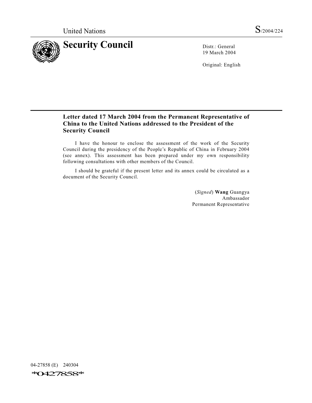 Security Council Distr.: General 19 March 2004