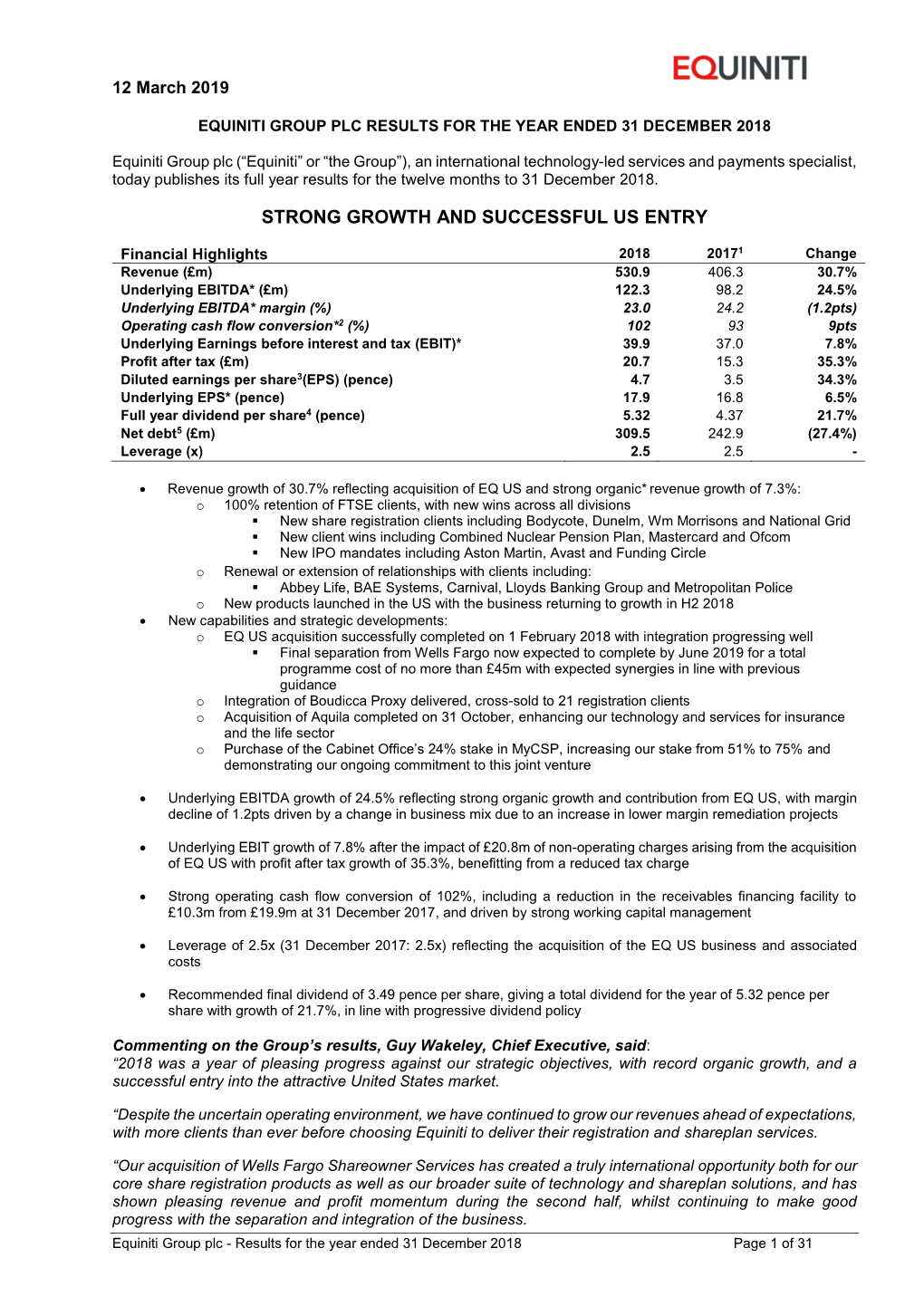 Strong Growth and Successful Us Entry