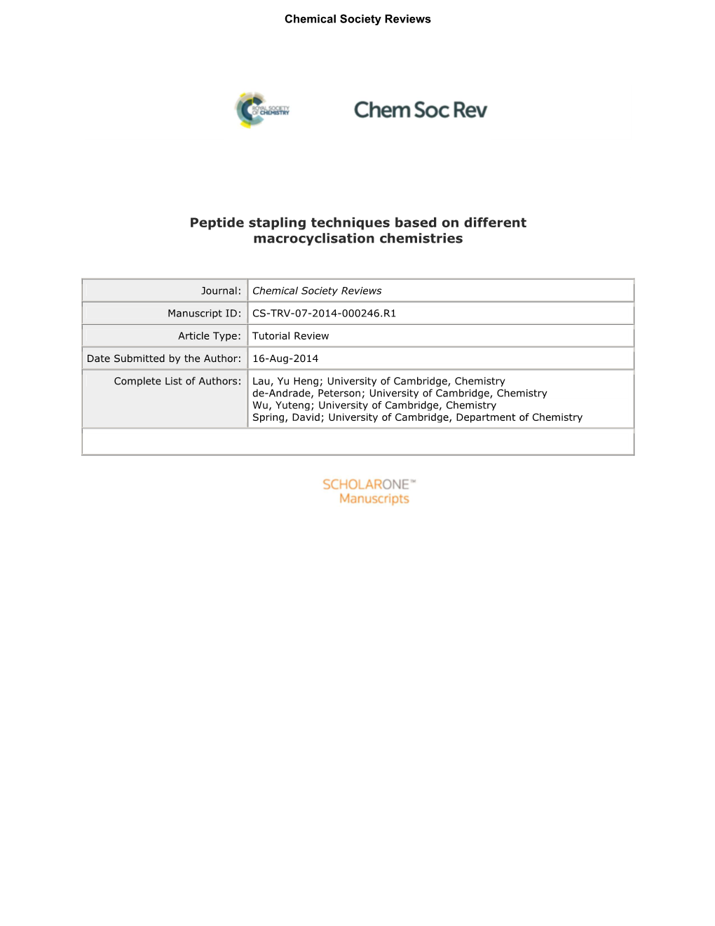 Peptide Stapling Techniques Based on Different Macrocyclisation Chemistries