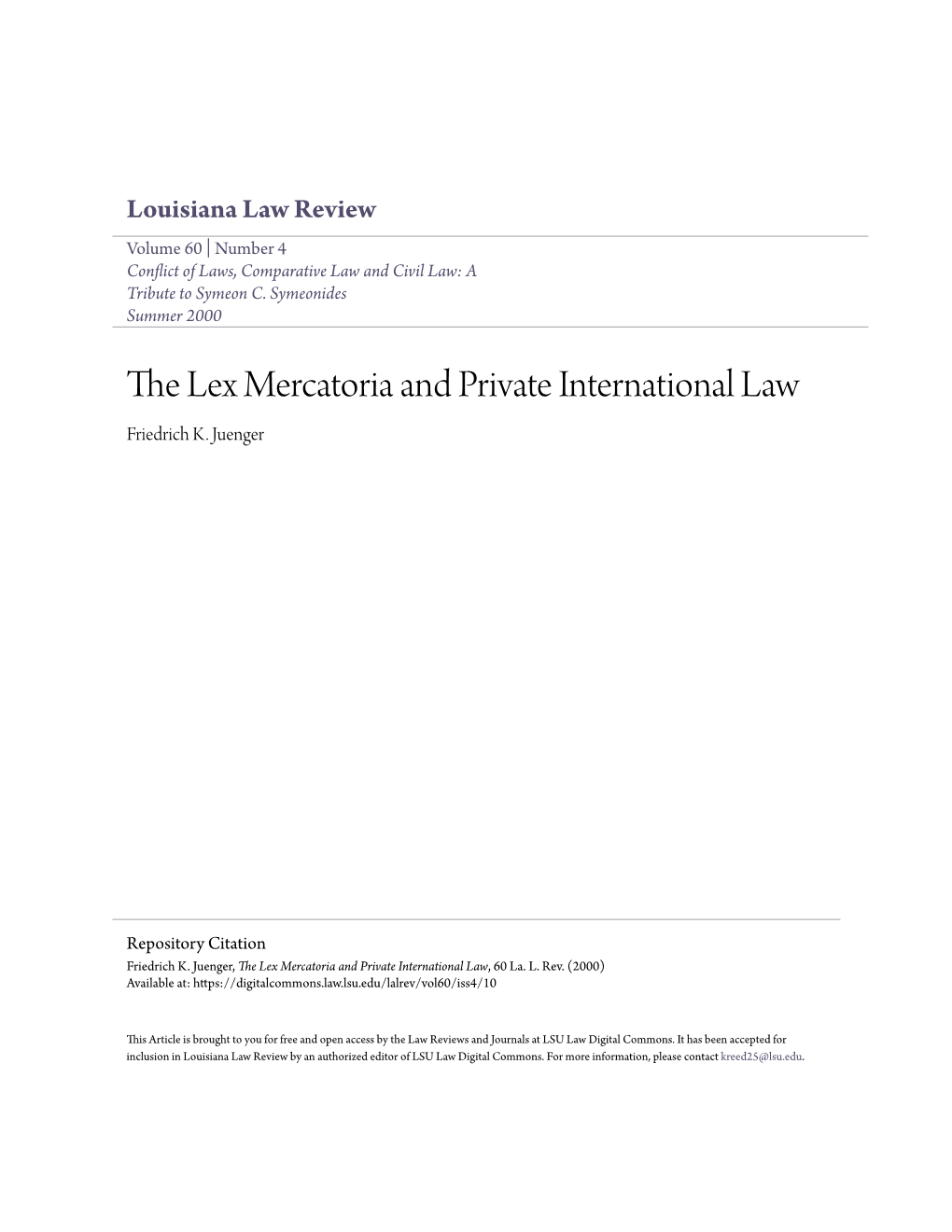 The Lex Mercatoria and Private International Law, 60 La