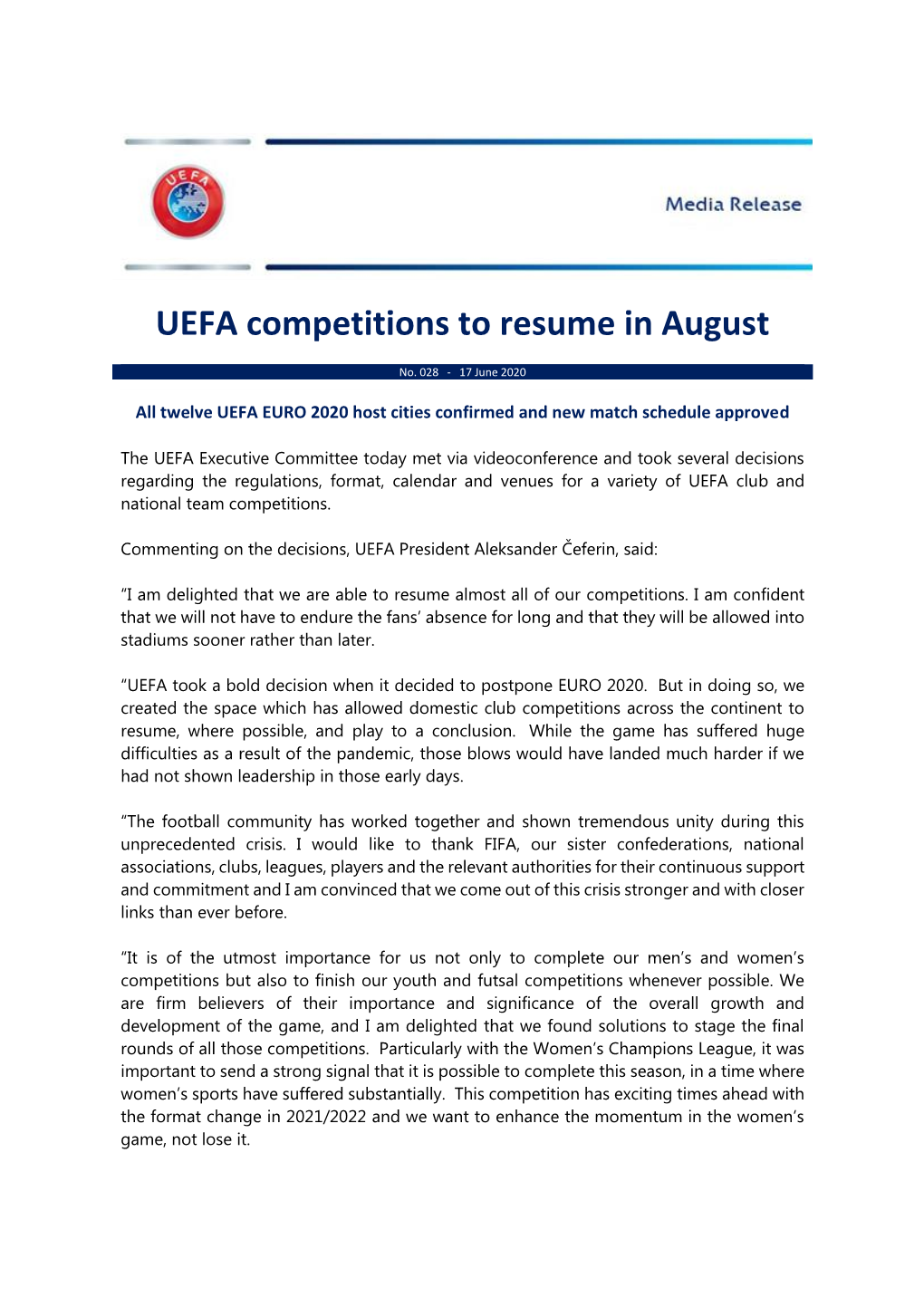 UEFA Competitions to Resume in August