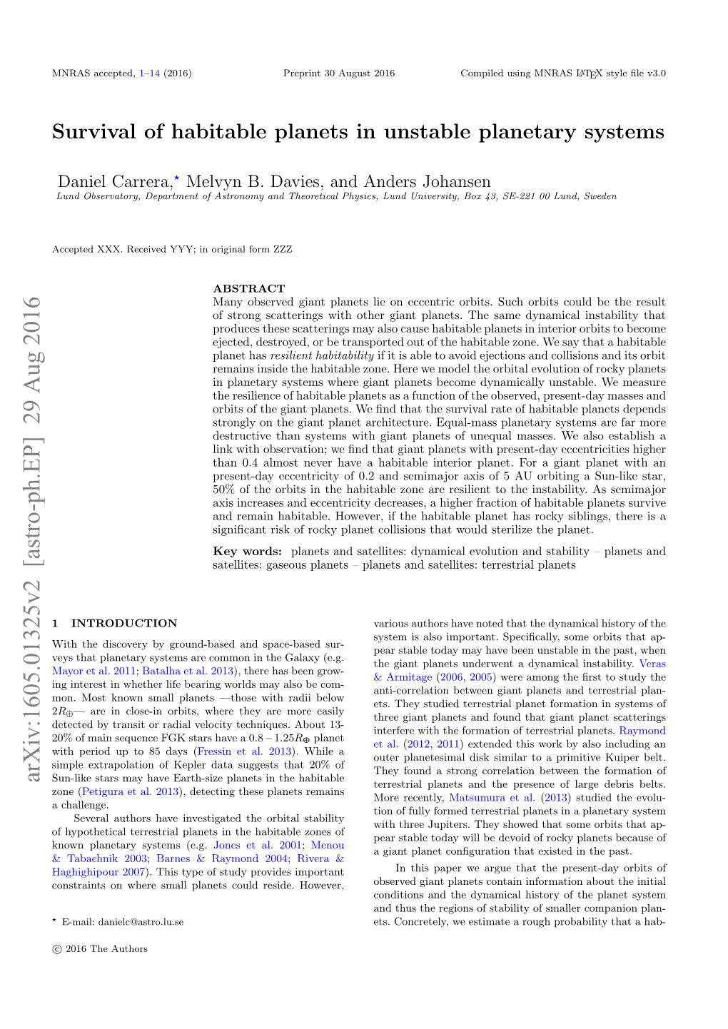 Survival of Habitable Planets in Unstable Planetary Systems