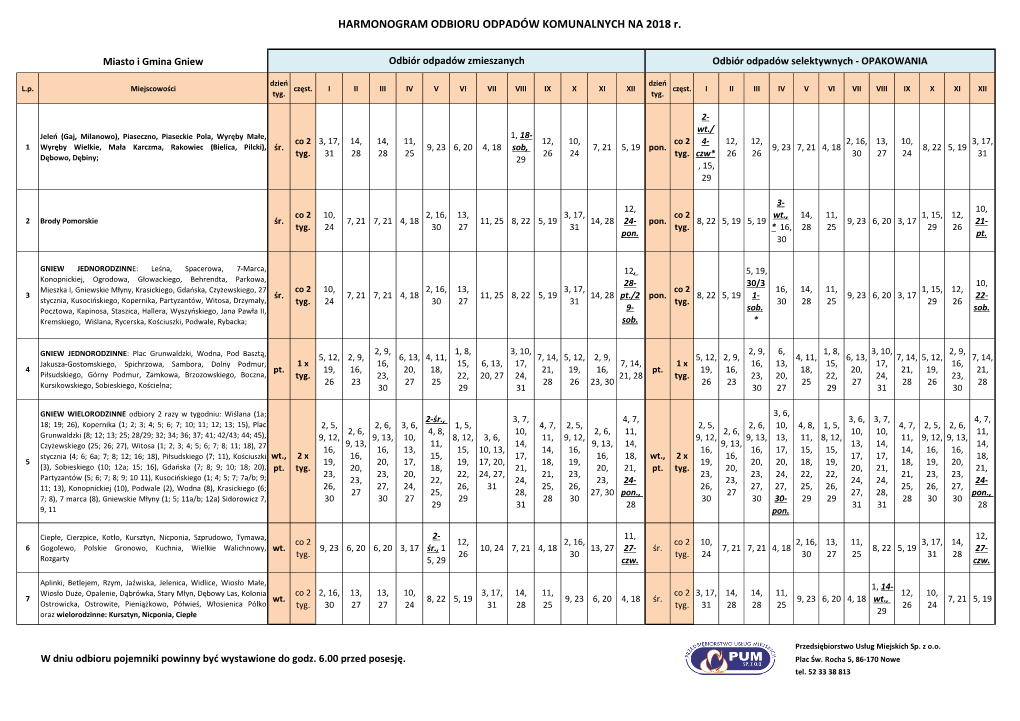 HARMONOGRAM ODBIORU ODPADÓW KOMUNALNYCH NA 2018 R