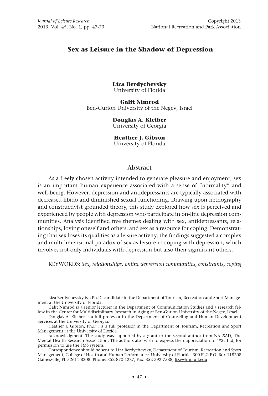 Sex As Leisure in the Shadow of Depression Abstract