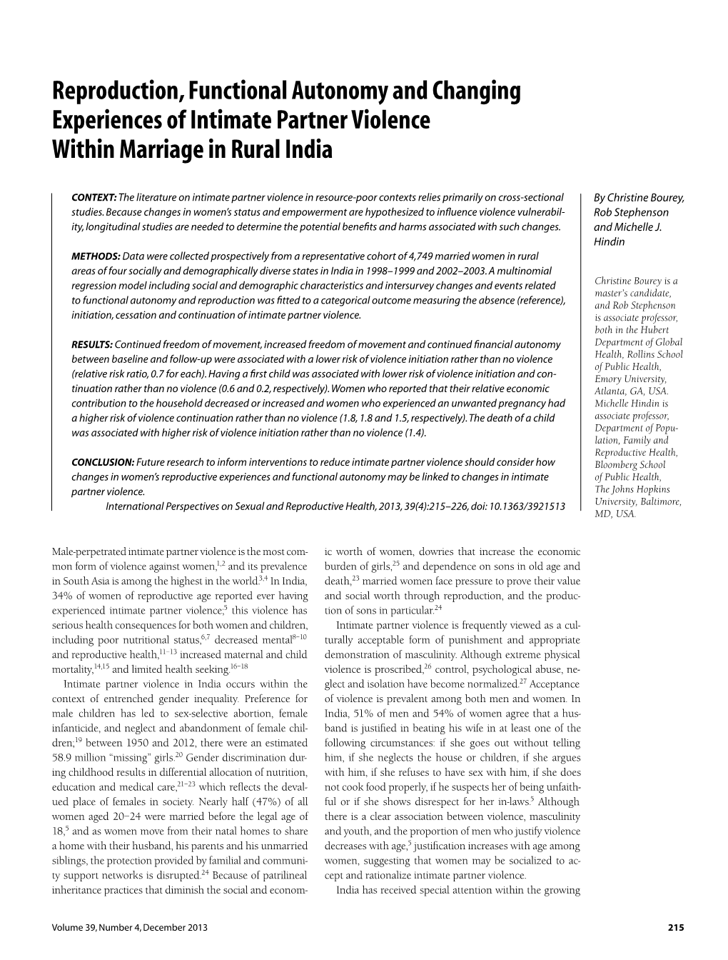 Reproduction, Functional Autonomy and Changing Experiences of Intimate Partner Violence Within Marriage in Rural India