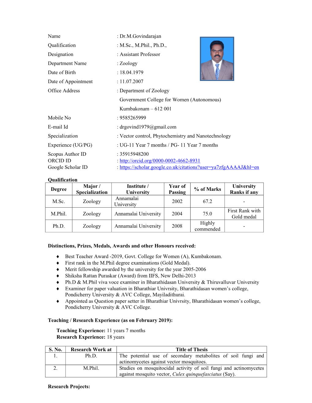 Dr.M.Govindarajan Qualification : M.Sc., M.Phil., Ph.D., Designation