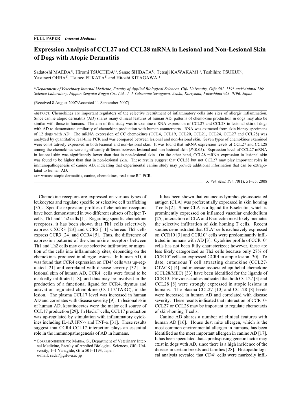 Expression Analysis of CCL27 and CCL28 Mrna in Lesional and Non-Lesional Skin of Dogs with Atopic Dermatitis