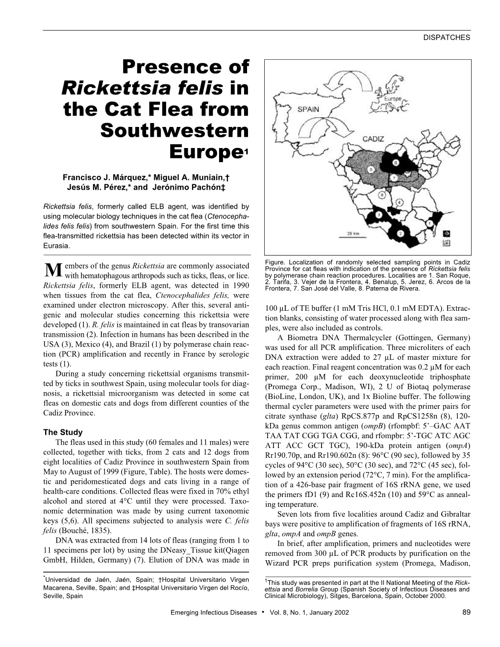 Presence of Rickettsia Felis in the Cat Flea from Southwestern Europe1