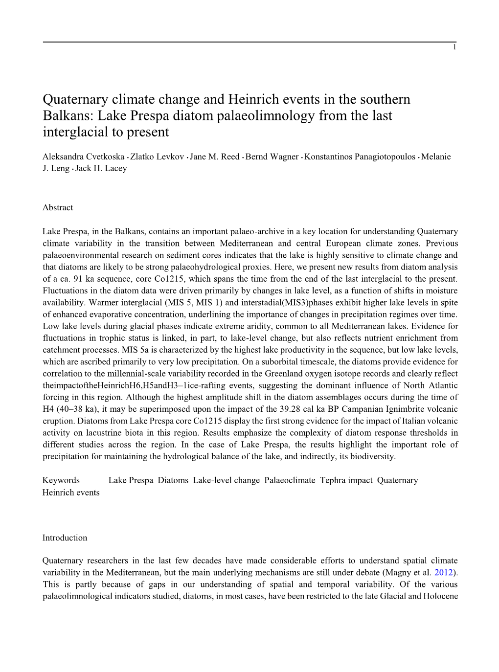 Quaternary Climate Change and Heinrich Events in the Southern Balkans: Lake Prespa Diatom Palaeolimnology from the Last Interglacial to Present