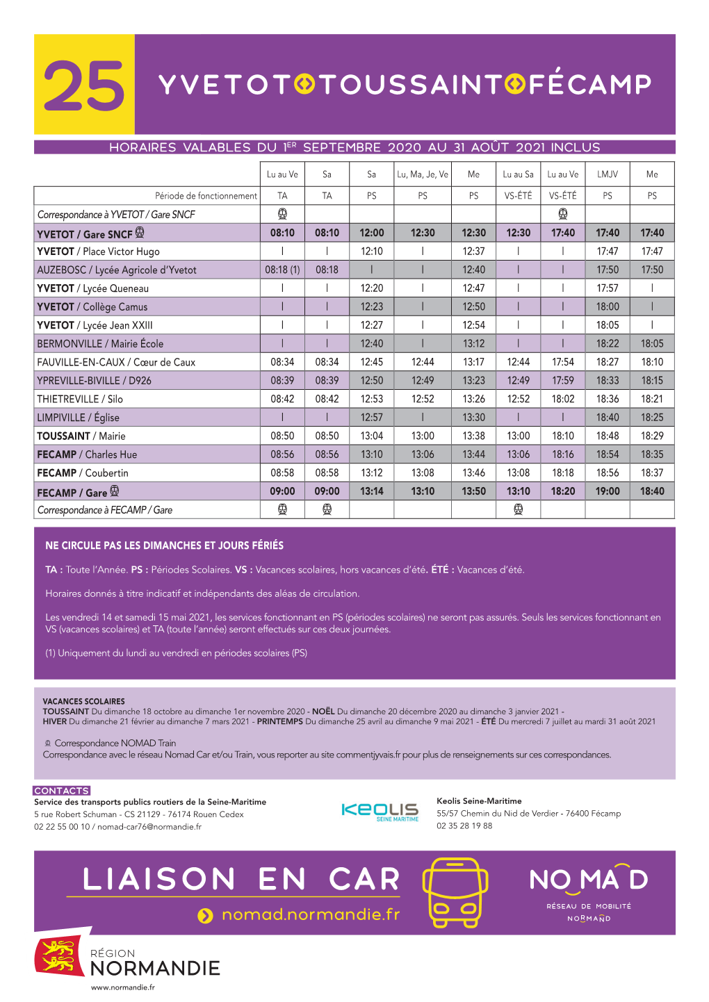 Yvetot Toussaint Fécamp Horaires Valables Du 1Er Septembre 2020 Au 31 Août 2021 Inclus