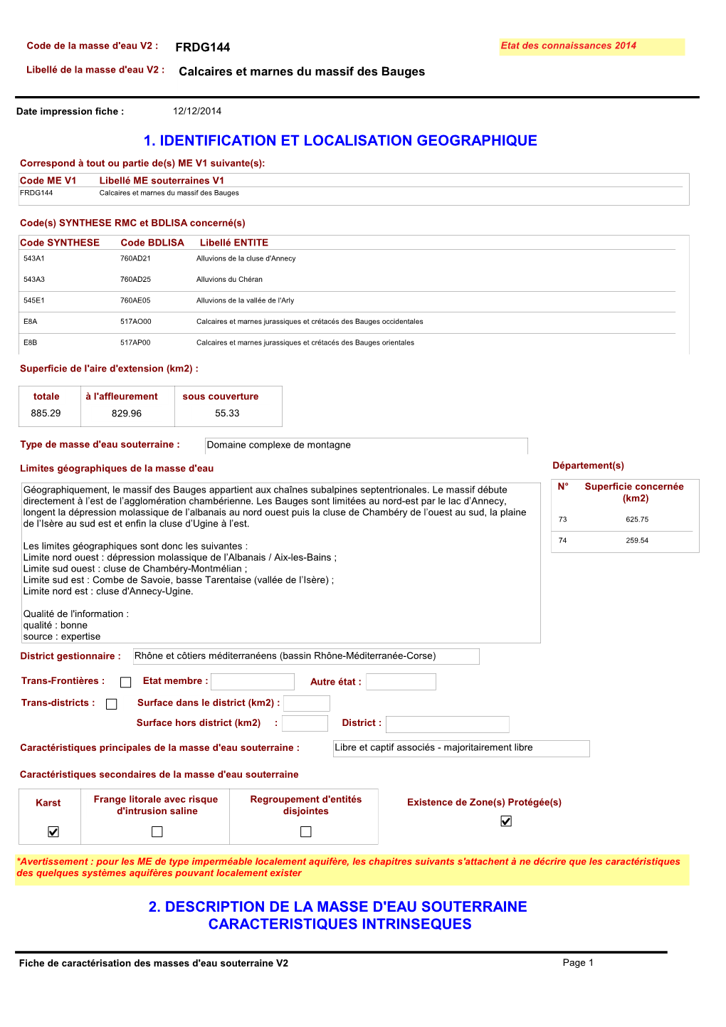 FRDG144 Etat Des Connaissances 2014 Libellé De La Masse D'eau V2 : Calcaires Et Marnes Du Massif Des Bauges