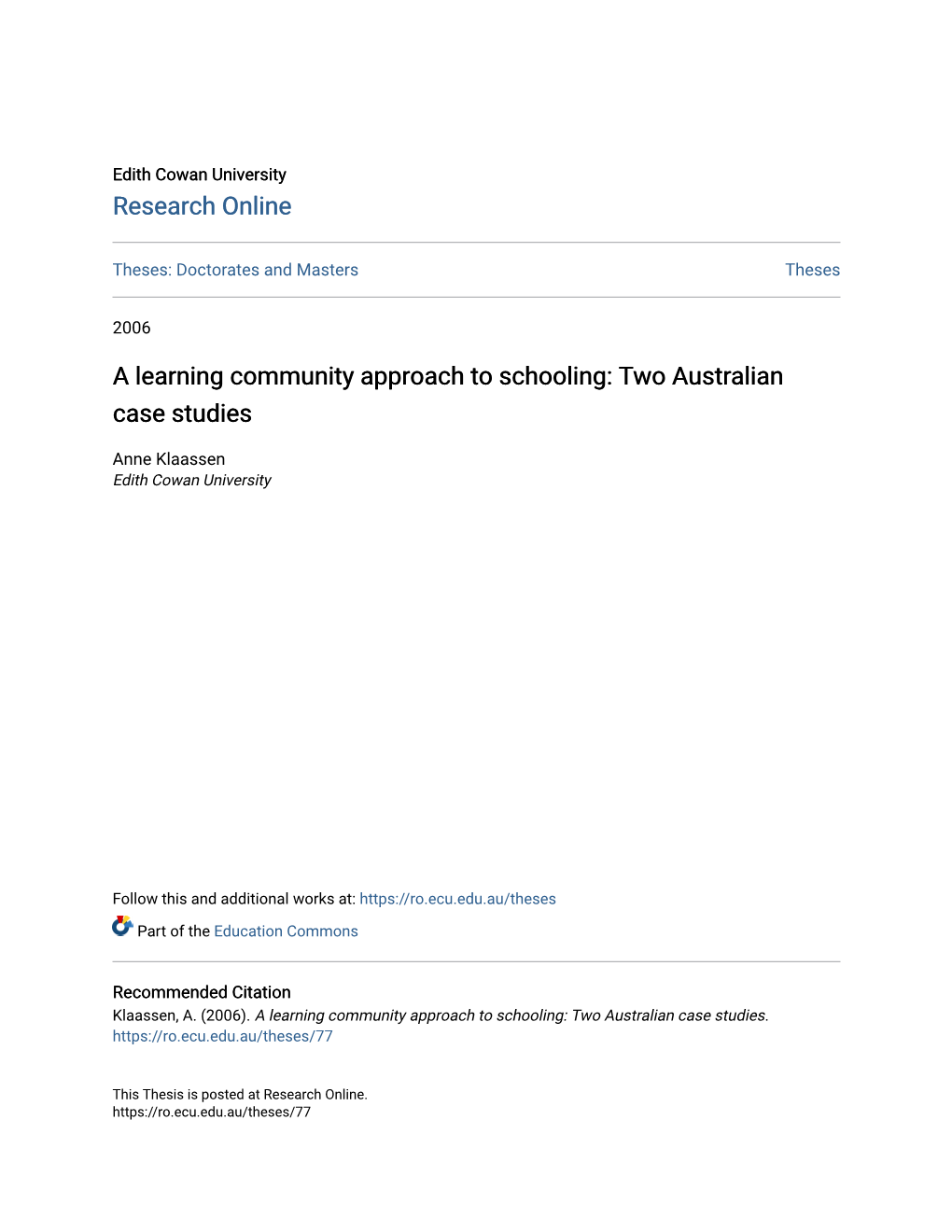 A Learning Community Approach to Schooling: Two Australian Case Studies