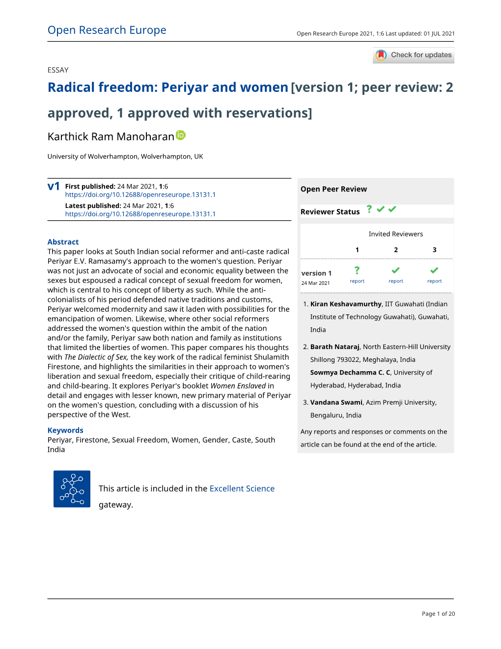 Periyar and Women[Version 1; Peer Review: 2