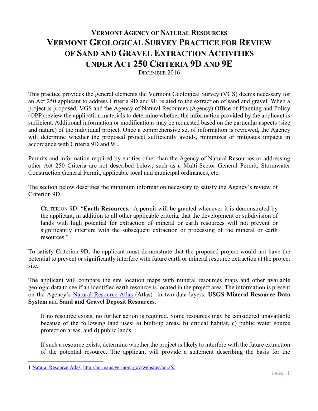 Sand and Gravel Extraction Activities Under Act 250 Criteria 9D and 9E December 2016