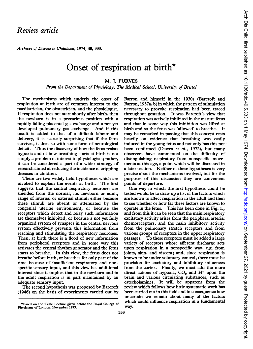 Onset of Respiration at Birth* M