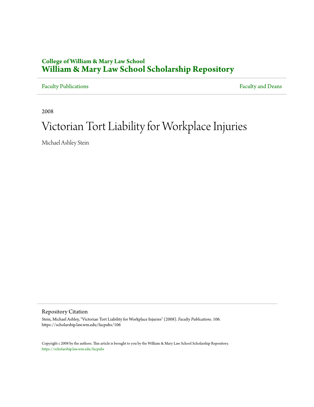 Victorian Tort Liability for Workplace Injuries Michael Ashley Stein