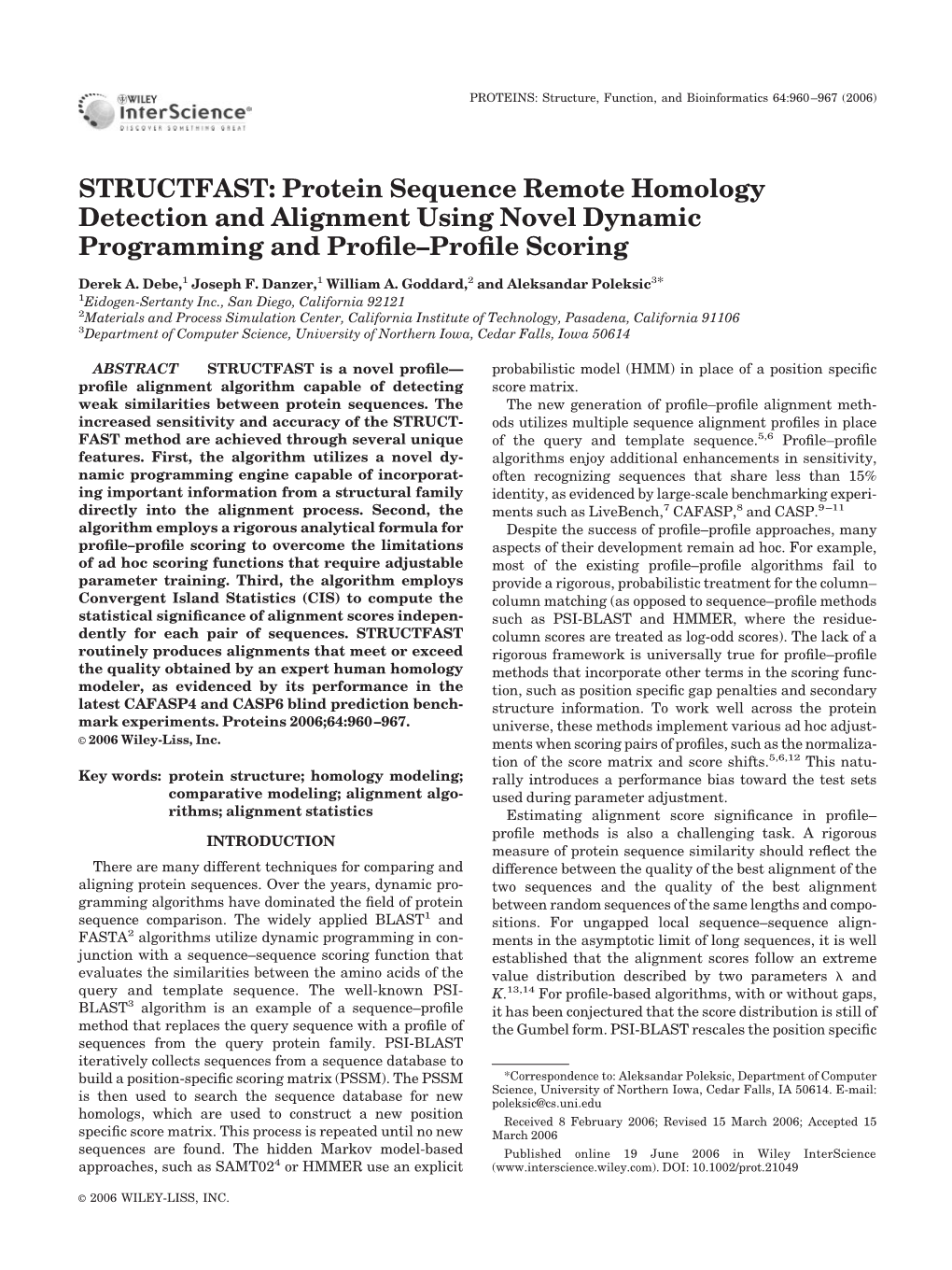 STRUCTFAST: Protein Sequence Remote Homology Detection and Alignment Using Novel Dynamic Programming and Profile-Profile Scoring