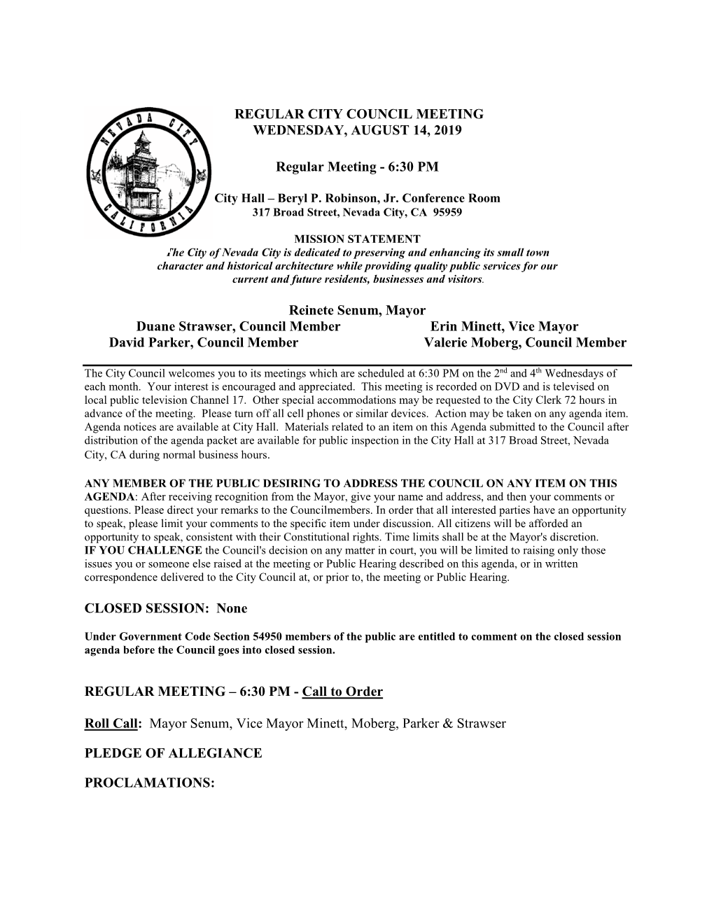 Regular City Council Meeting Wednesday, August 14, 2019